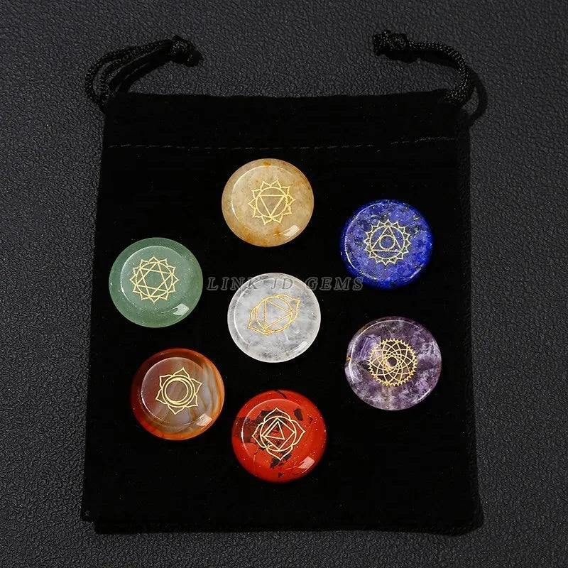 Healing Stone 7 Chakra Reiki Symbol Crystal Set with Wooden Star Array Plate – Meditation & Energy Balancing