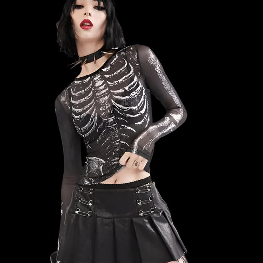 Skeleton Pattern Round Neck Long Sleeve Crop Top – Black Gothic Streetwear