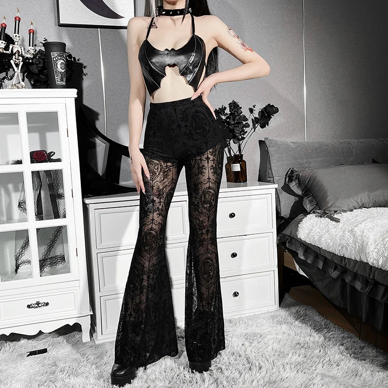 Dark Gothic High Waist See-Through Lace Flare Pants – Fairy Grunge Vintage Streetwear