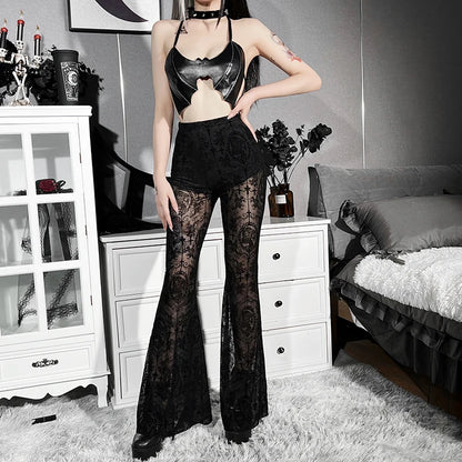 Dark Gothic High Waist See-Through Lace Flare Pants – Fairy Grunge Vintage Streetwear