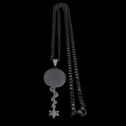 Hecate's Wheel Snake Key Necklace - Strophalos Symbol in Black Stainless Steel