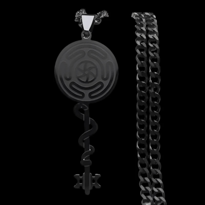 Hecate's Wheel Snake Key Necklace - Strophalos Symbol in Black Stainless Steel