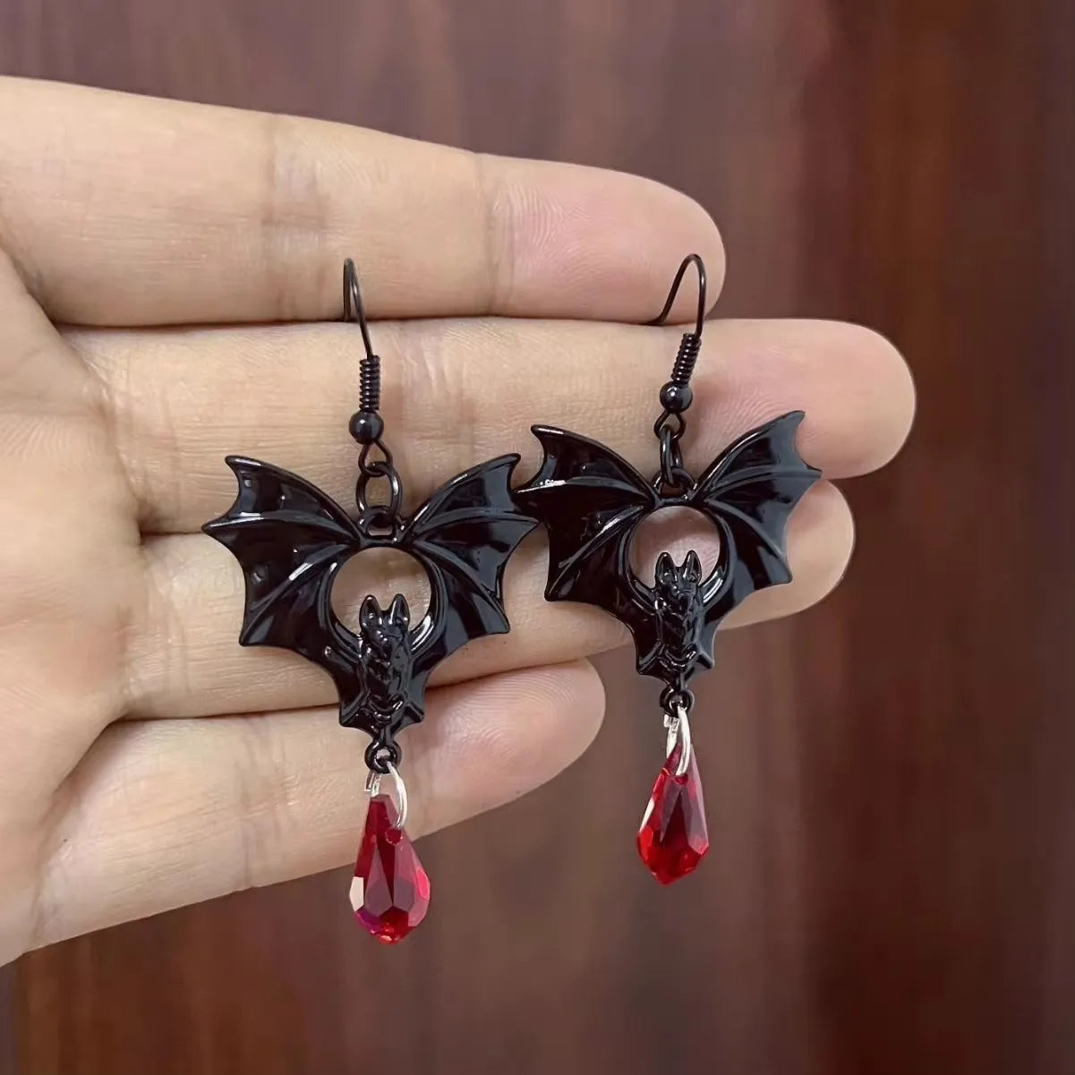 Gothic Vampire Bat Earrings with Red Crystal Teardrop