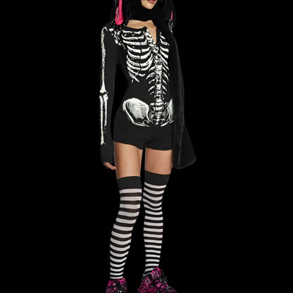 Goth Dark Skull Bone Print Long Sleeve Skinny Playsuit