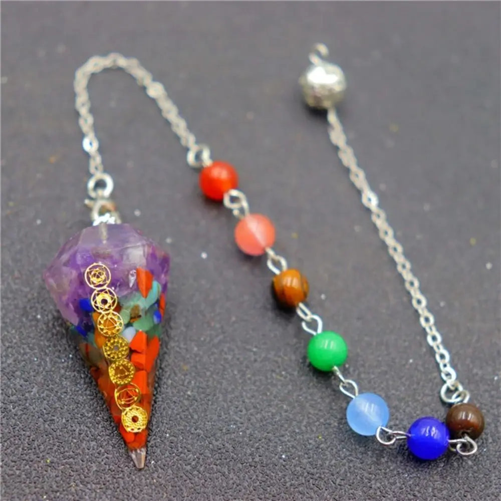 7 Chakra Natural Stone Pendulum – Crystal Point Scrying Pendant for Dowsing & Divination