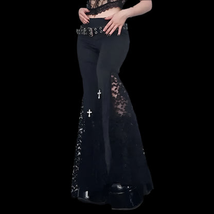 Gothic Flare Pants - Lace Patchwork Elegance