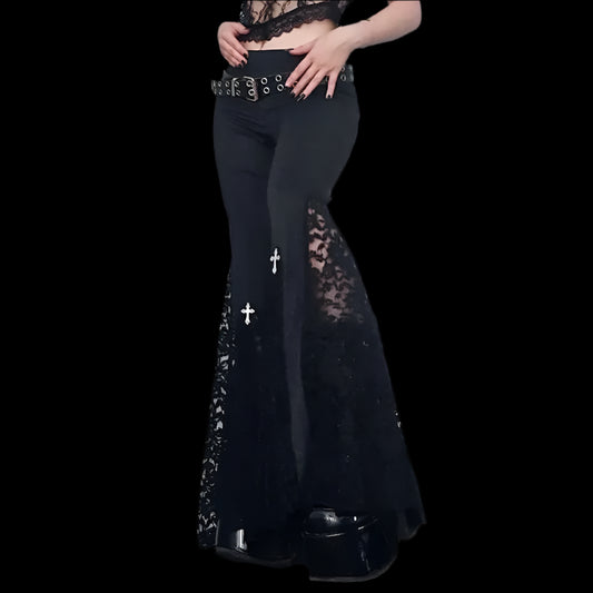 Gothic Flare Pants - Lace Patchwork Elegance