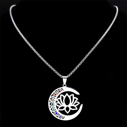 Flower Lotus Moon Pendant Necklace – 7 Chakra Healing Stainless Steel Jewelry