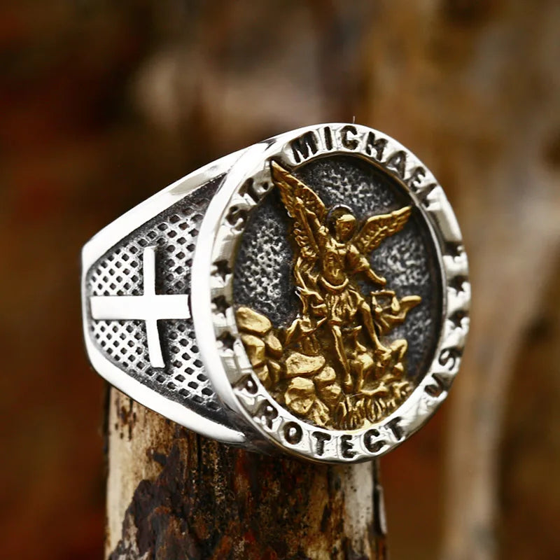 St. Michael Protector Ring – 316L Stainless Steel Cross & Angel Design