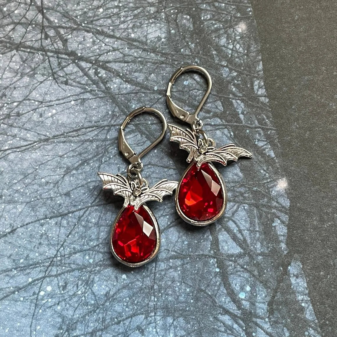 Gothic Vampire Bat Earrings with Red Crystal Teardrop