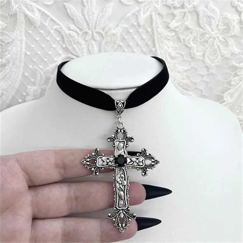 Gothic Black Velvet Cross Choker Necklace