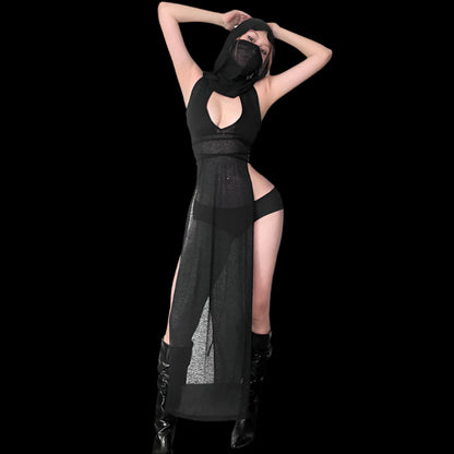 Gothic Hooded Ankle-Length Dress – Mysterious & Bold