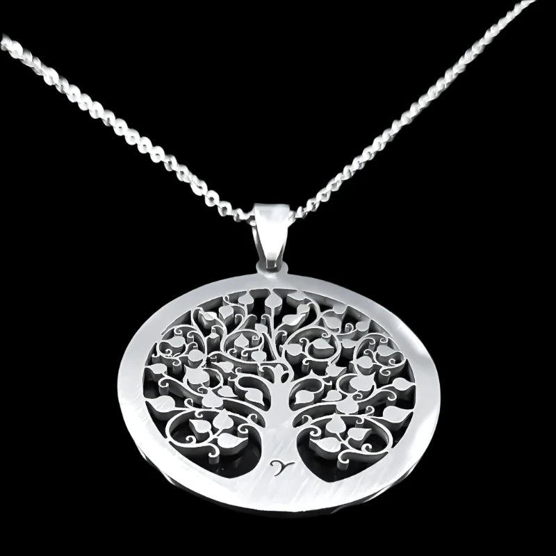 Crystal-Accented Tree of Life Pendant Necklace - Stainless Steel