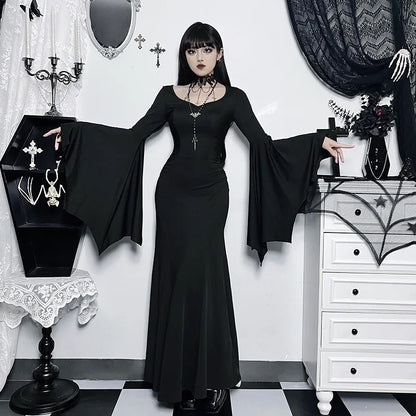 Gothic Vintage Square Neck Dress – Spider Web Flare Sleeves Long Party Gown