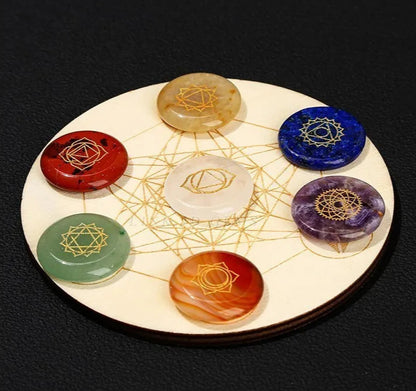 Healing Stone 7 Chakra Reiki Symbol Crystal Set with Wooden Star Array Plate – Meditation & Energy Balancing