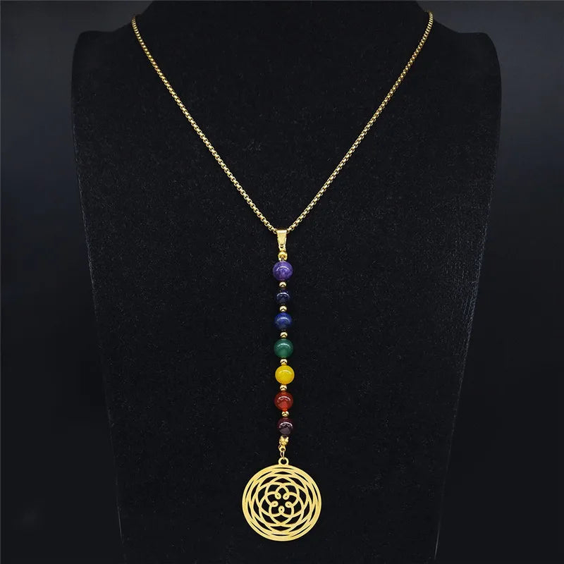 7 Chakra Flower of Life Necklace with Gemstone Beads