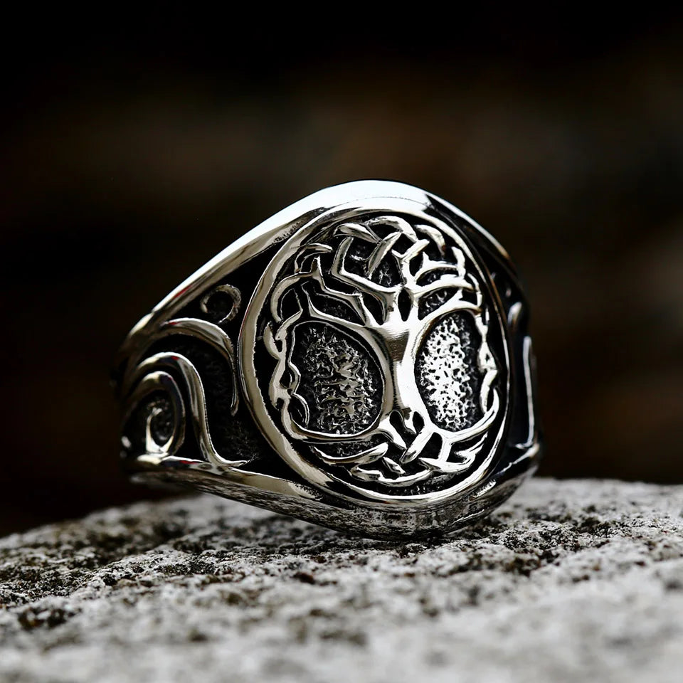 Nordic Tree of Life Signet Ring – 316L Stainless Steel Viking Amulet for Men