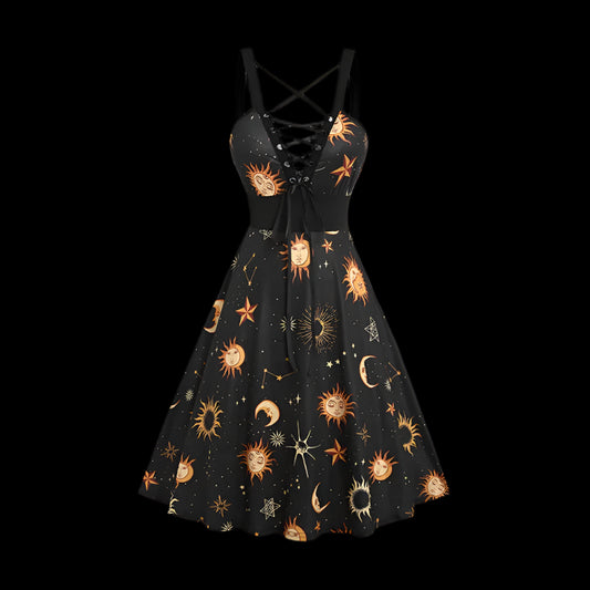 Galaxy Sun Moon Star Print Lace-Up Dress