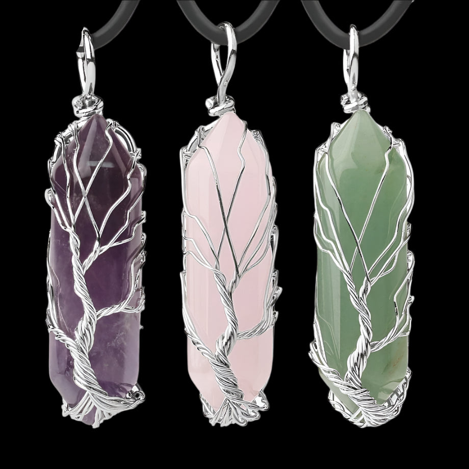 Enchanted Crystal Tree Pendant Necklace – Hexagonal Prism Healing Stone with Life Tree Wrap