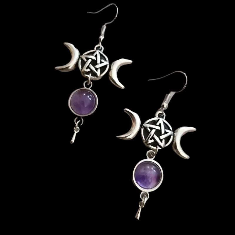 Pentagram Crescent Moon Natural Stone Earrings