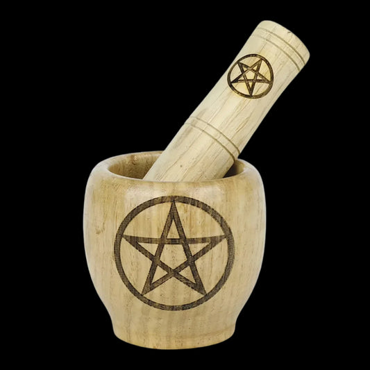 Wooden Mortar & Pestle Set with Pentagram Design – Witchcraft Ritual Tool