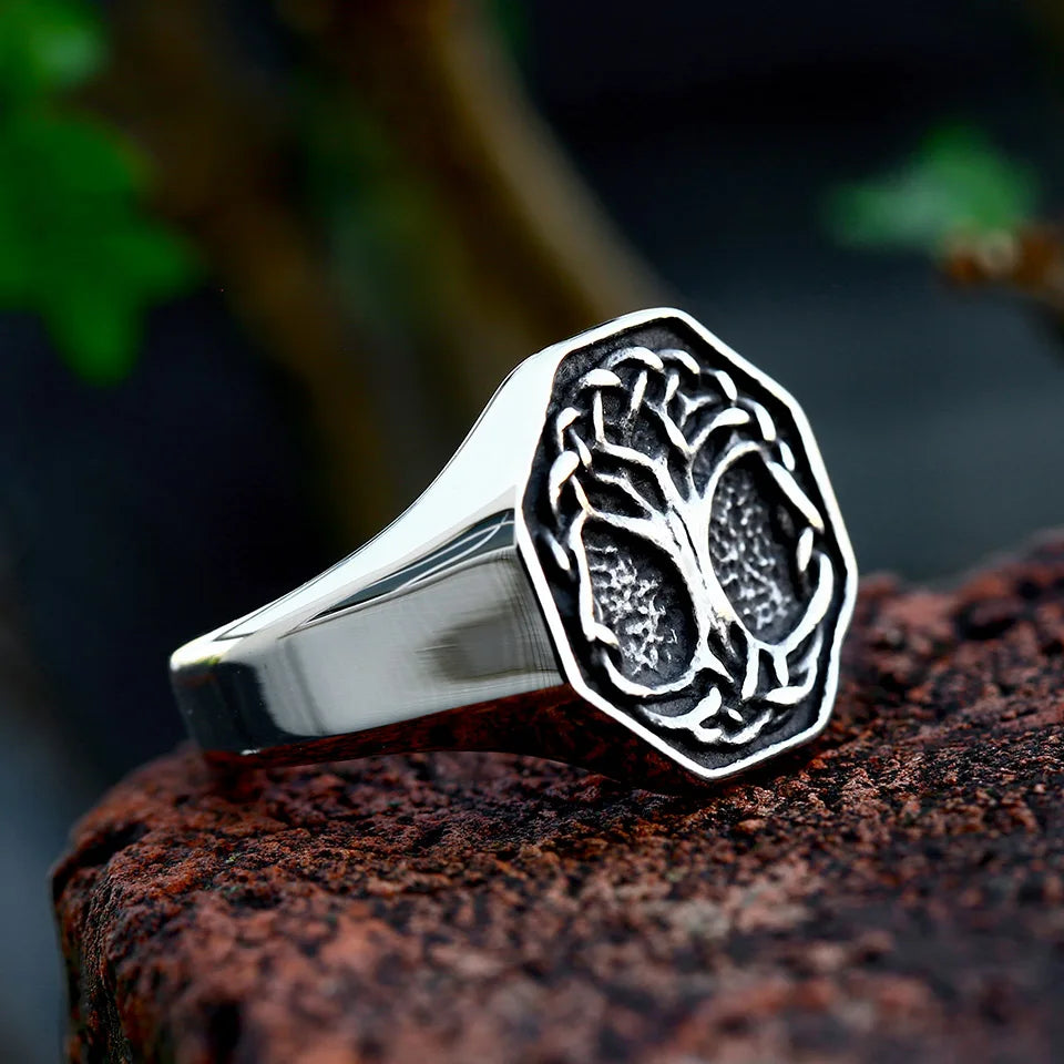 Nordic Tree of Life Signet Ring – 316L Stainless Steel Viking Amulet for Men