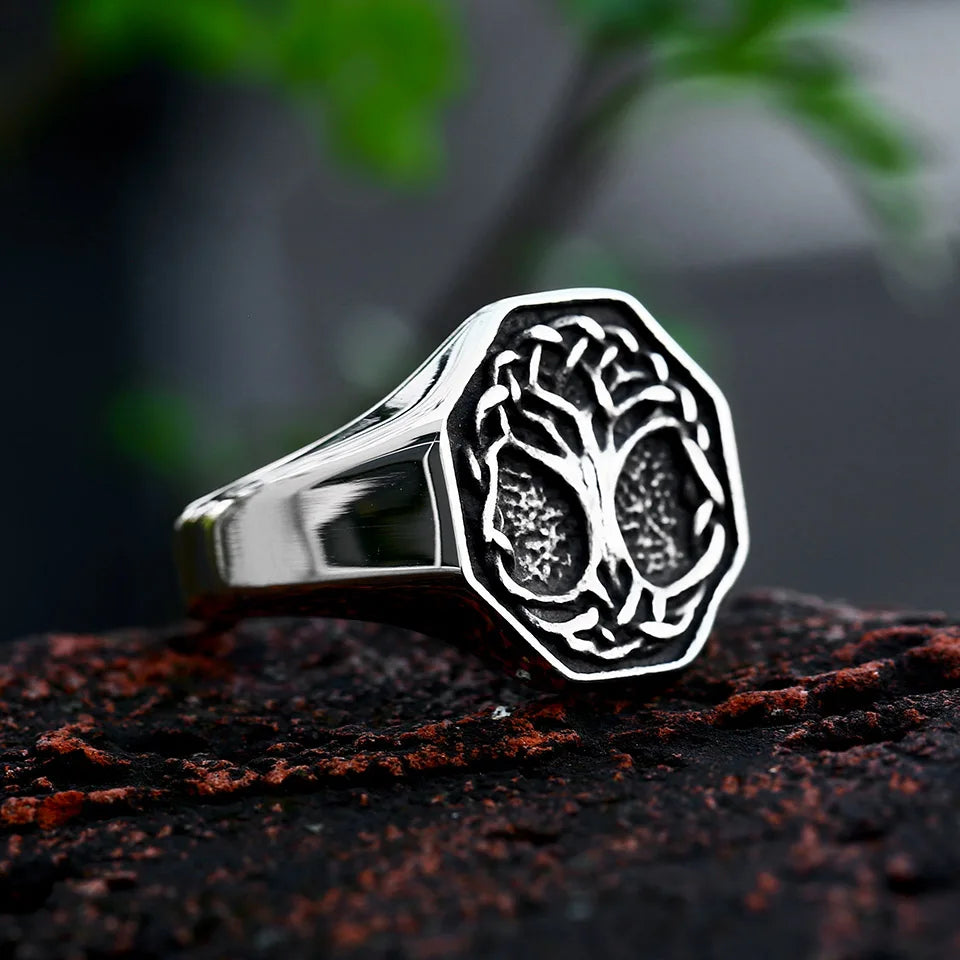 Nordic Tree of Life Signet Ring – 316L Stainless Steel Viking Amulet for Men