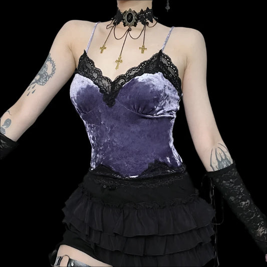 Gothic Velvet Lace Trim V-Neck Camisole