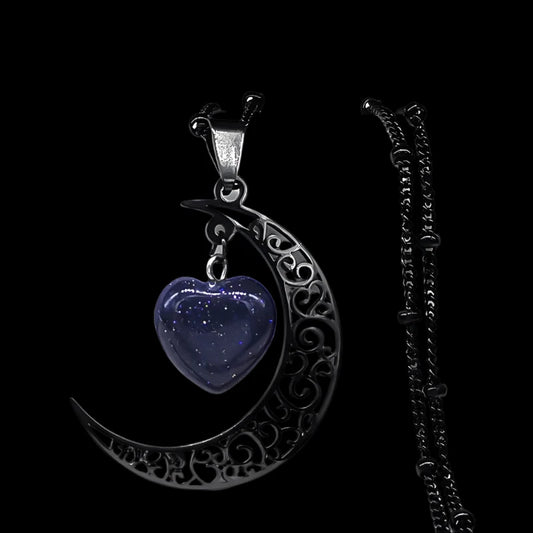 Black Stainless Steel Moon & Heart Natural Stone Charm Necklace