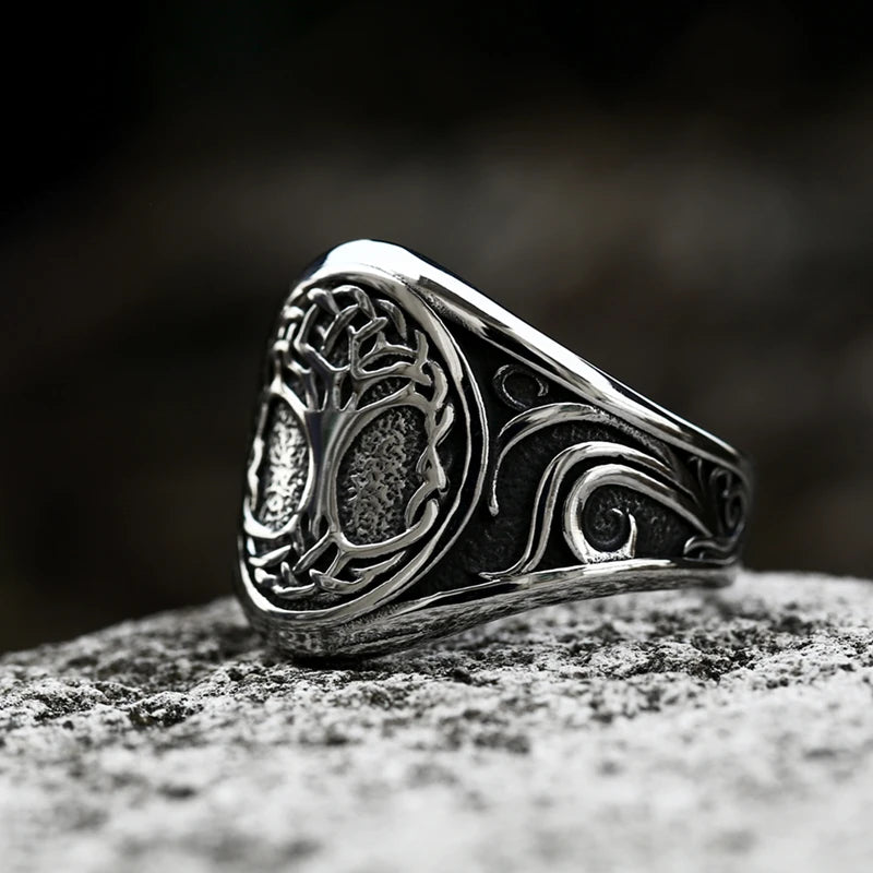 Nordic Tree of Life Signet Ring – 316L Stainless Steel Viking Amulet for Men