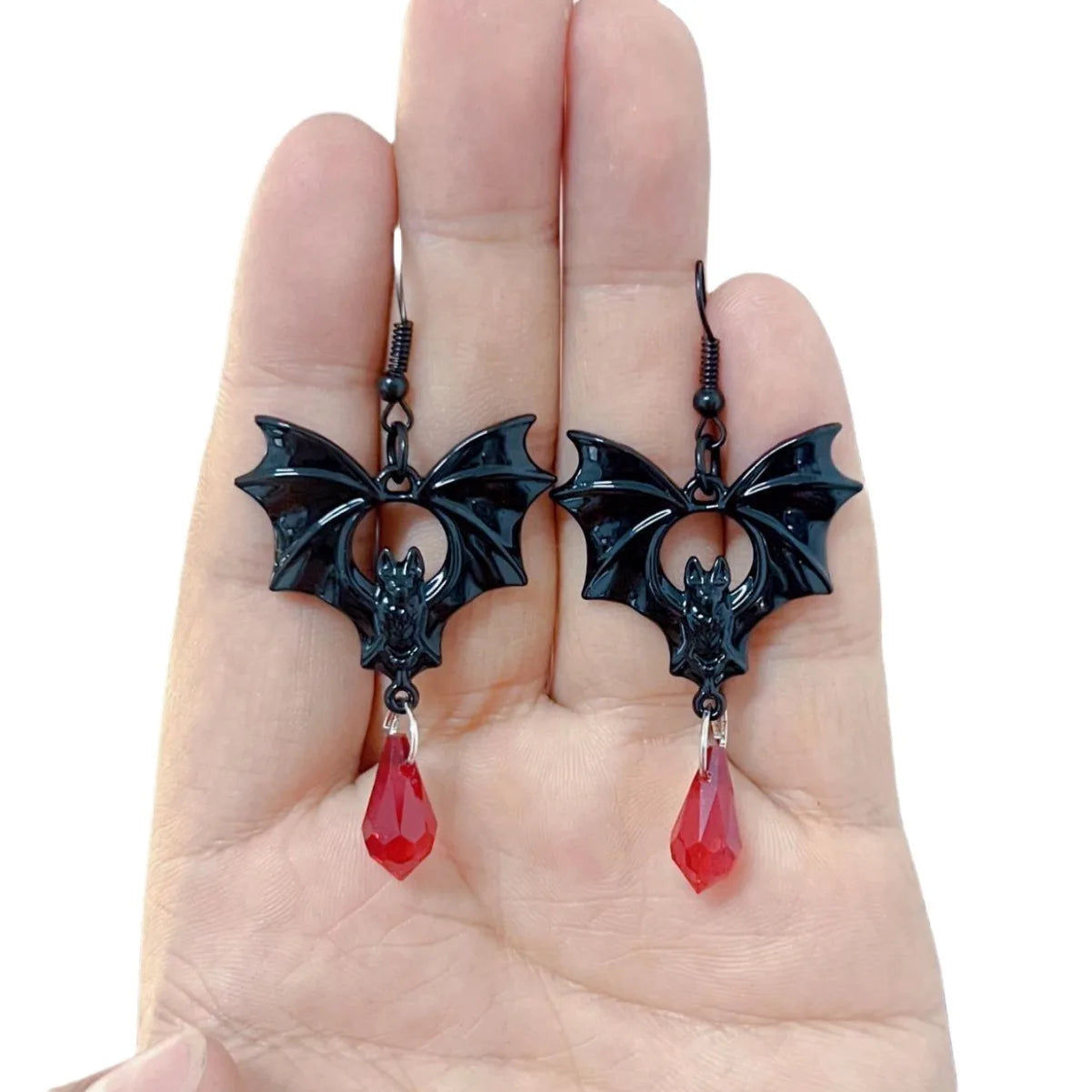 Gothic Vampire Bat Earrings with Red Crystal Teardrop