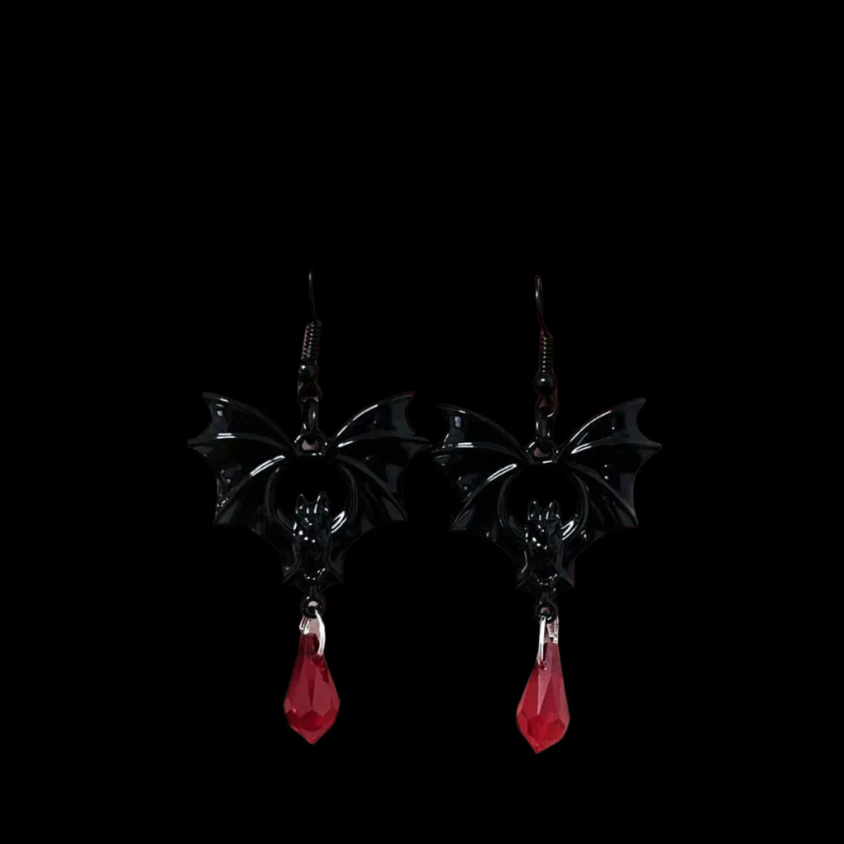 Gothic Vampire Bat Earrings with Red Crystal Teardrop