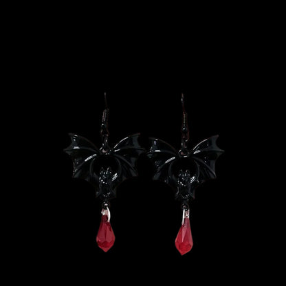 Gothic Vampire Bat Earrings with Red Crystal Teardrop