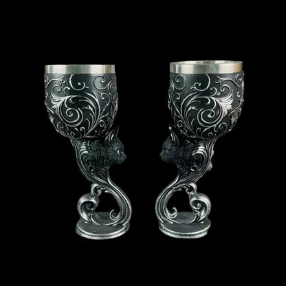 Baroque Black Cat Gothic Goblet - Intricate Hand-Painted Chalice