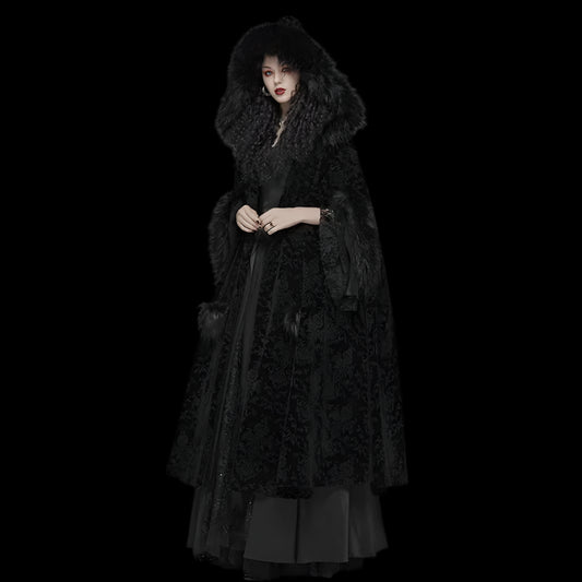 Gothic Hooded Cloak - Long Coat Cape with Fuzzy Trim