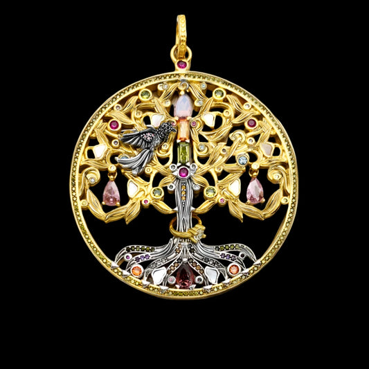 Golden Tree of Life Raven Pendant - Fine 925 Sterling Silver with Zircon Stones