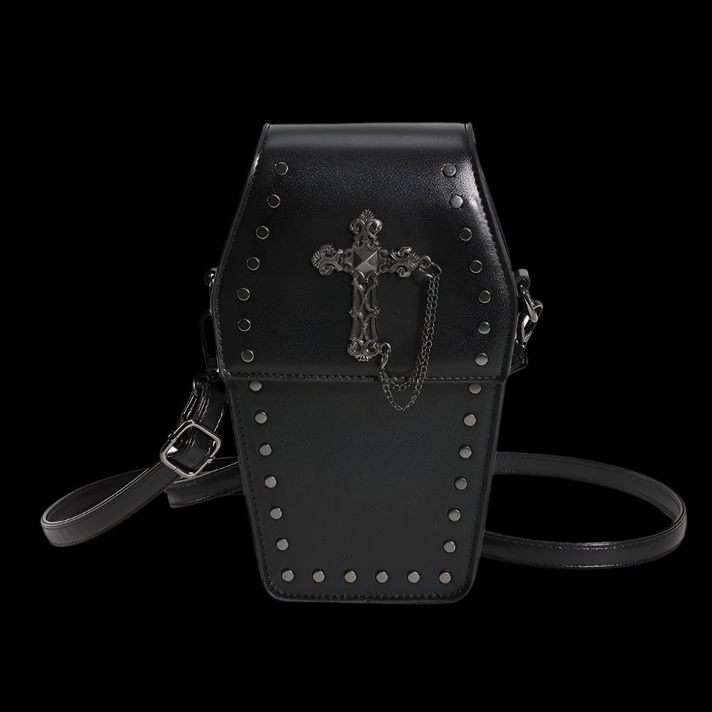 Gothic Coffin Crossbody Bag with Studded Cross