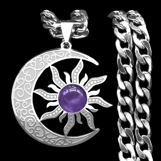 Wicca Sun & Moon Natural Stone Necklace – Stainless Steel