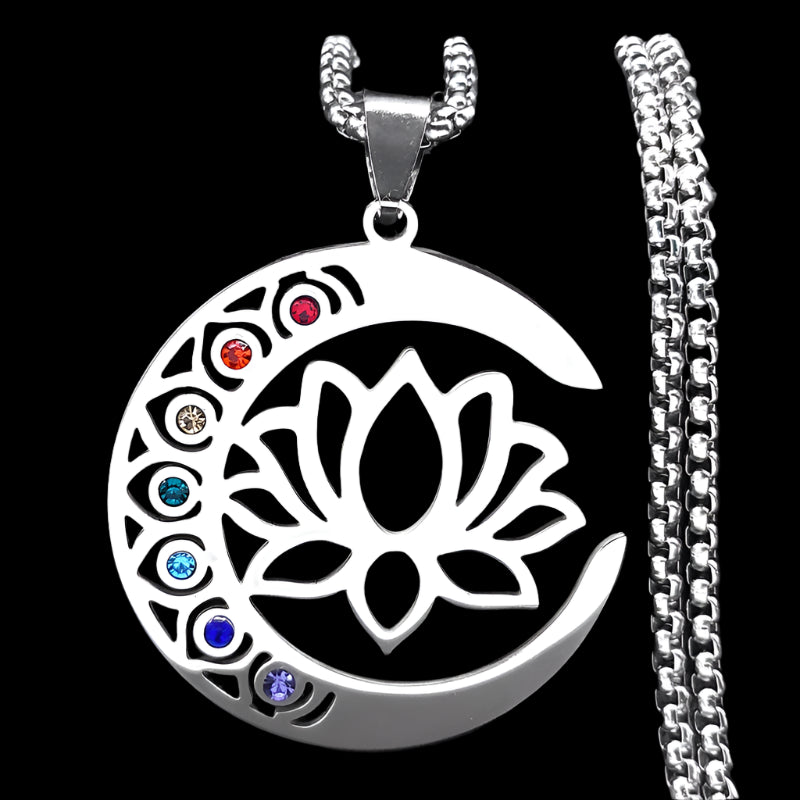 Flower Lotus Moon Pendant Necklace – 7 Chakra Healing Stainless Steel Jewelry