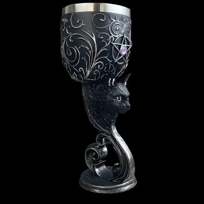 Baroque Black Cat Gothic Goblet - Intricate Hand-Painted Chalice