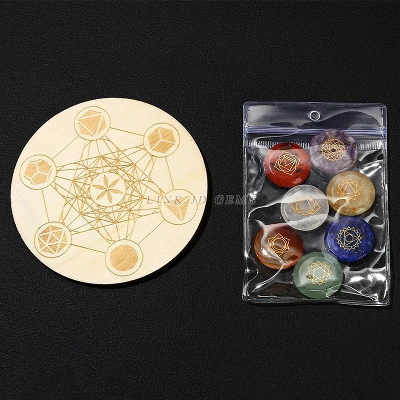 Healing Stone 7 Chakra Reiki Symbol Crystal Set with Wooden Star Array Plate – Meditation & Energy Balancing