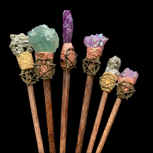 Crystal Pentagram Hair Sticks - Natural Quartz Adornment