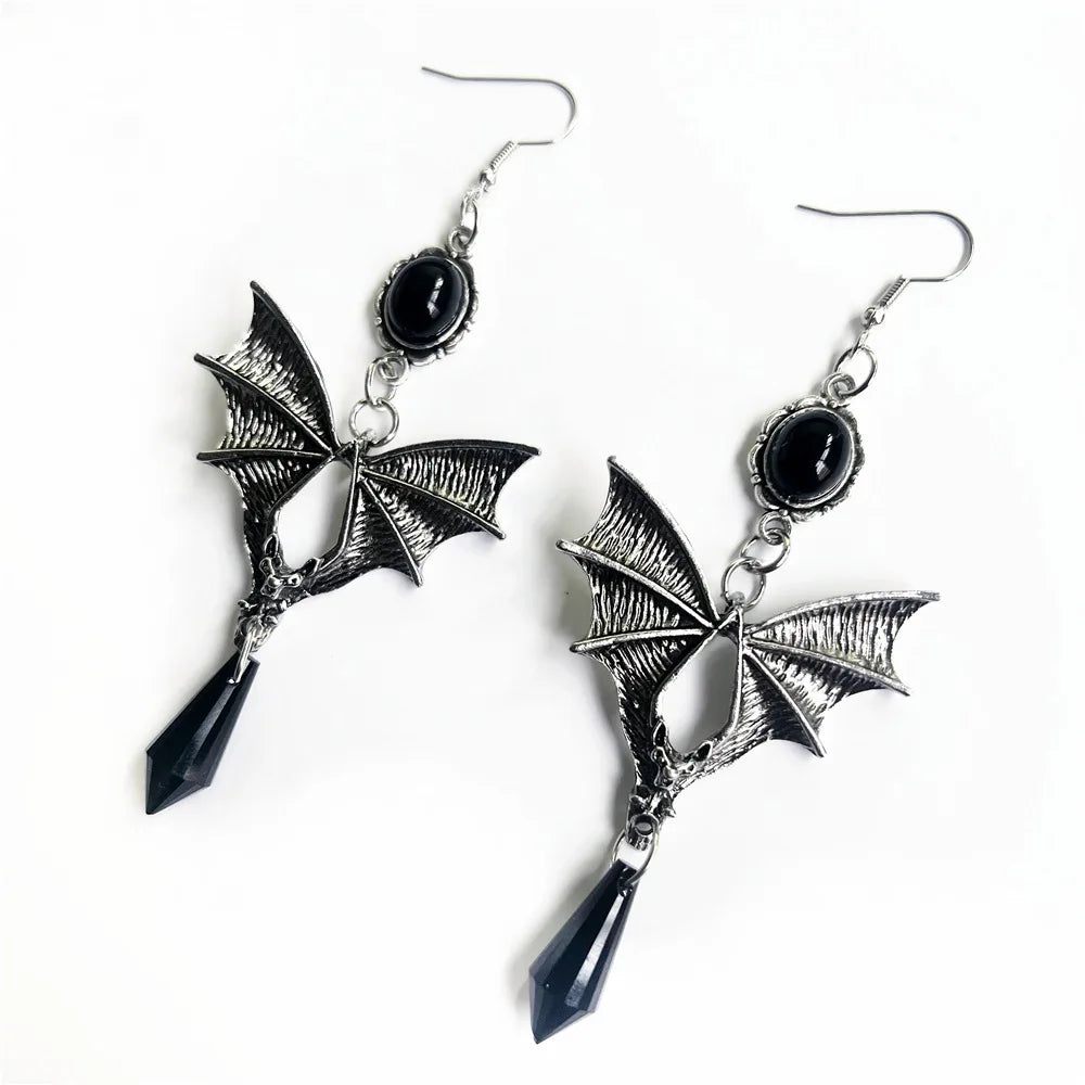 Gothic Vampire Bat Earrings with Red Crystal Teardrop