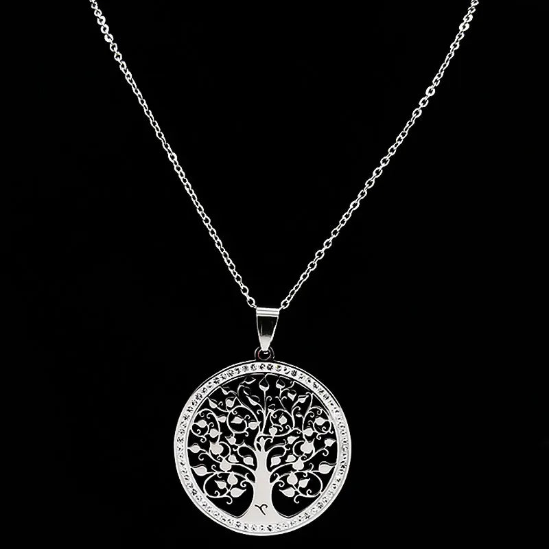 Crystal-Accented Tree of Life Pendant Necklace - Stainless Steel