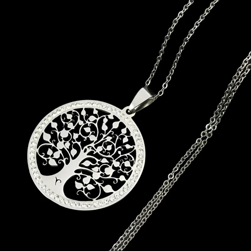 Crystal-Accented Tree of Life Pendant Necklace - Stainless Steel