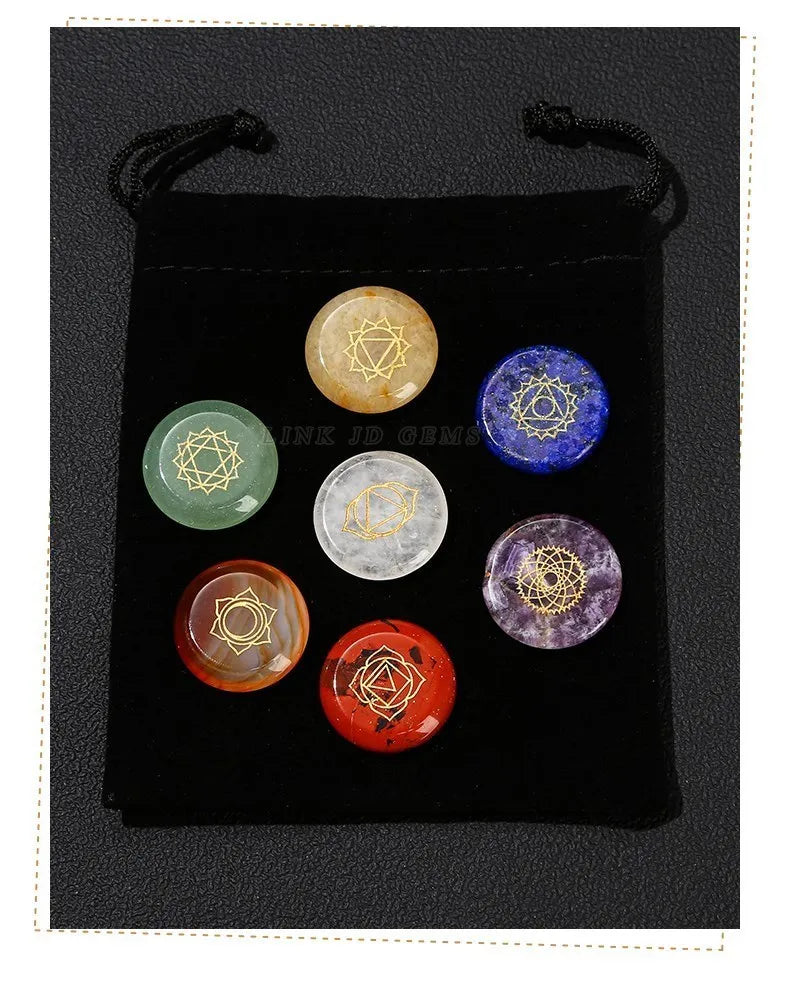 Healing Stone 7 Chakra Reiki Symbol Crystal Set with Wooden Star Array Plate – Meditation & Energy Balancing