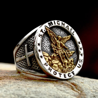 St. Michael Protector Ring – 316L Stainless Steel Cross & Angel Design