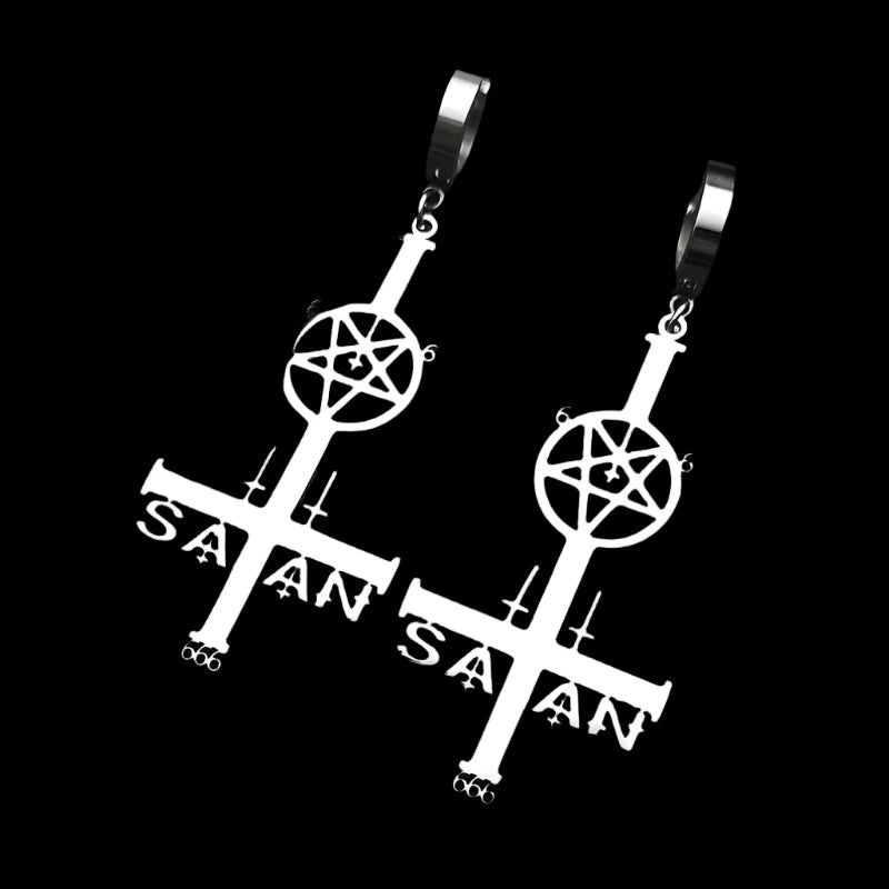 Stainless Steel Satan Inverted Pentagram Cross Hoop Earrings