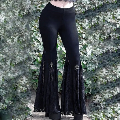 Gothic Flare Pants - Lace Patchwork Elegance