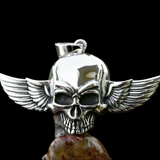 Heavy Skull Wings Pendant - Bold Stainless Steel Gothic Jewelry